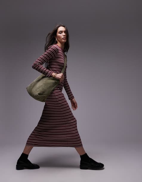 Topshop - Gestreepte maxi jurk met lange mouwen in bordeauxrood - view 1