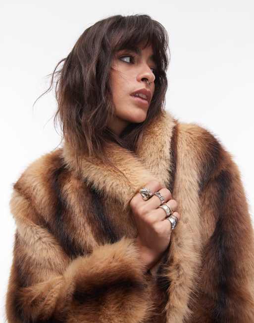 Topshop - Gestreepte middellange jas van imitatiebont in crème en bruin, 4 van 4