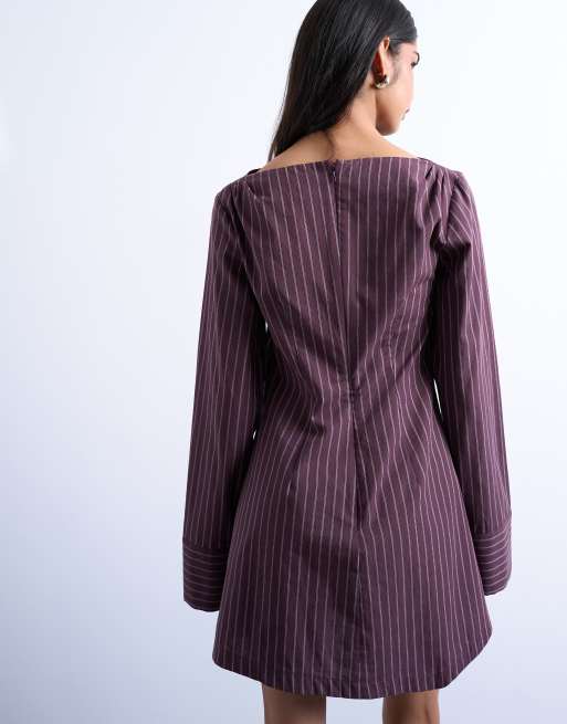 Topshop - Gestreepte mini jurk met lange mouwen in bordeauxrood, 4 van 4