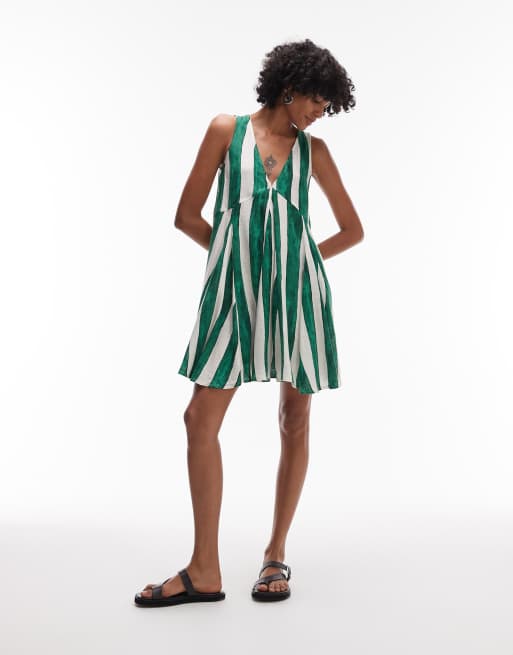 Topshop - Gestreepte mini jurk van linnen met A-lijn in groen, 3 van 4