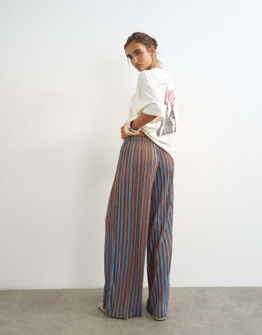Topshop gestreepte plissébroek in bruin, 4 van 5