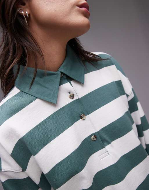 Topshop - Gestreepte polo met lange mouwen in groen, 3 van 4