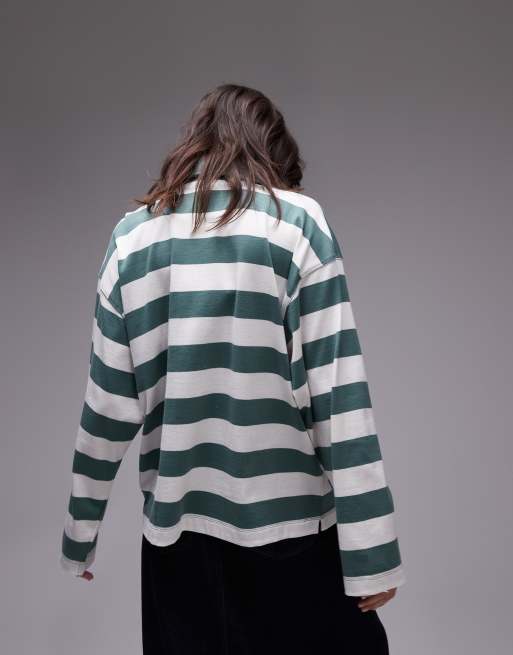 Topshop - Gestreepte polo met lange mouwen in groen, 4 van 4