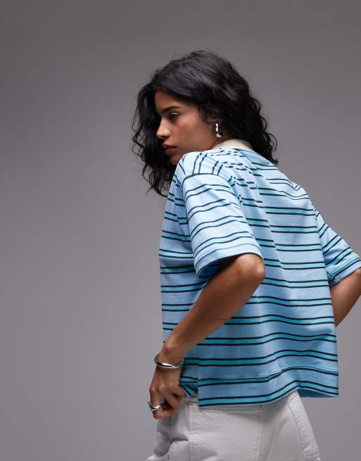 Topshop - Gestreepte rechte polo in turquoise, 3 van 4