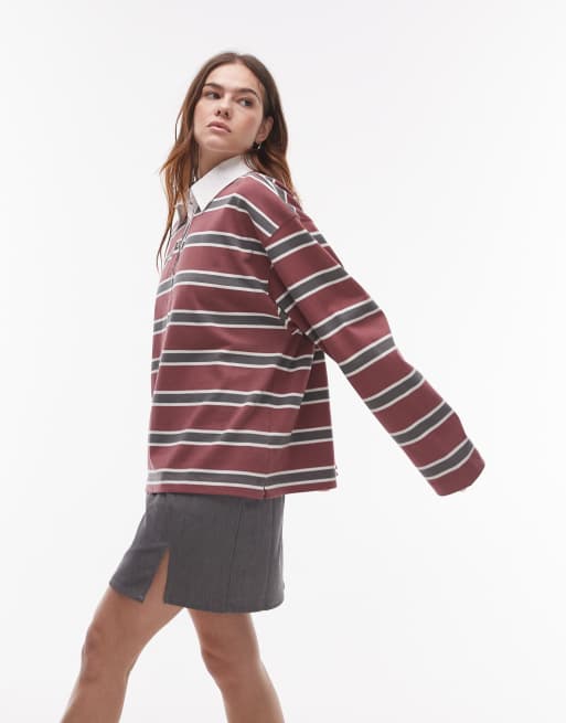 Topshop - Gestreepte rugby polotop met lange mouwen in bordeauxrood