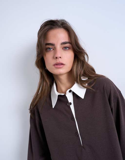 Topshop - Gestreepte rugbypolo met lange mouwen in chocoladebruin, 2 van 4