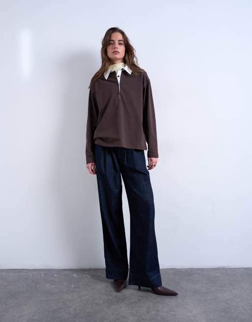 Topshop - Gestreepte rugbypolo met lange mouwen in chocoladebruin, 4 van 4