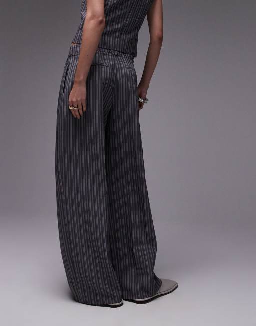 Topshop - Gestreepte ruimvallende broek met lage taille in grijs, 3 van 5