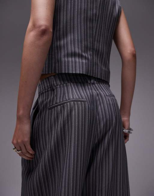 Topshop - Gestreepte ruimvallende broek met lage taille in grijs, 4 van 5