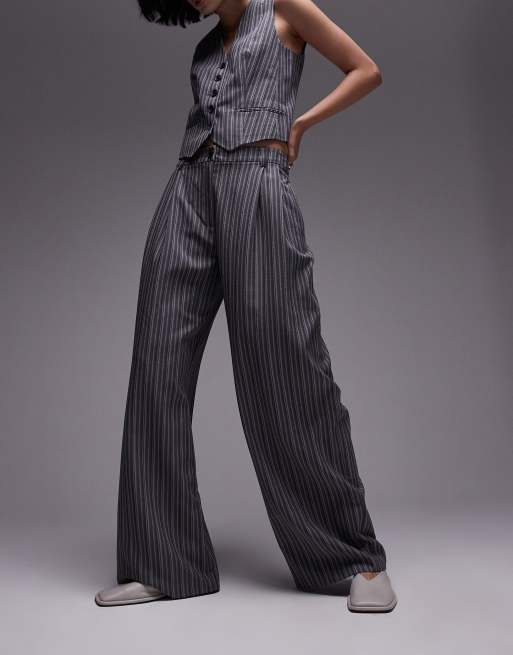 Topshop - Gestreepte ruimvallende broek met lage taille in grijs, 5 van 5