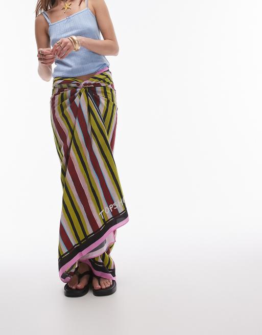 Topshop - Gestreepte sarong in groen en wijnrood