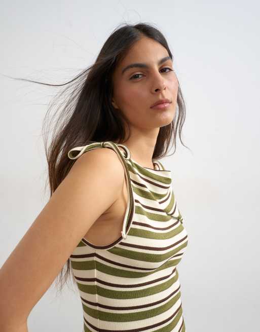 Topshop - Gestreepte tanktop met gestrikte schouderbandjes in groen, 2 van 4