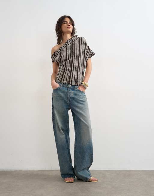 Topshop - Gestreepte top met afhangende schouder en textuur in grijs, 4 van 4