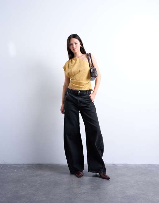 Topshop - Gestreepte top met blote schouder in lichtbruin, 2 van 4