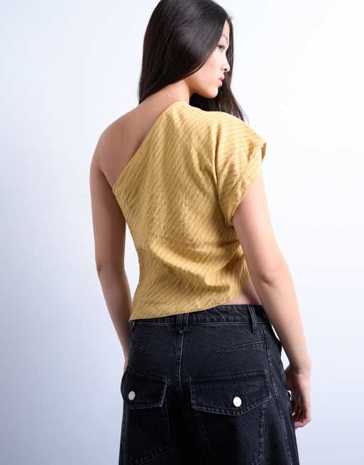 Topshop - Gestreepte top met blote schouder in lichtbruin, 4 van 4