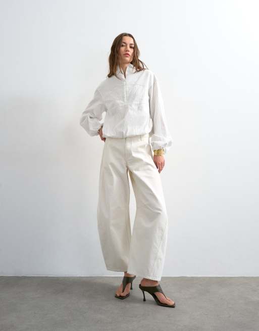 Topshop - Gestreepte top met rits, lange mouwen en manchetten in wit, 2 van 4