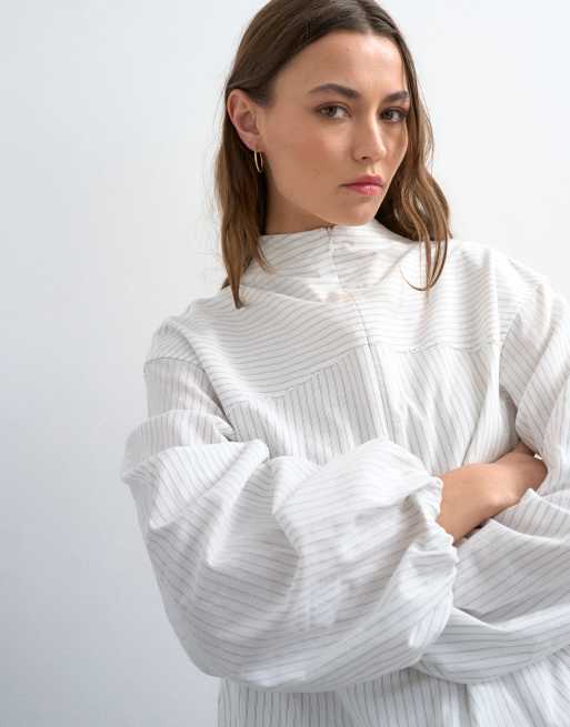 Topshop - Gestreepte top met rits, lange mouwen en manchetten in wit, 4 van 4
