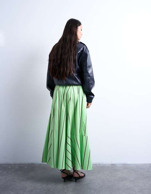Topshop - Gestreepte volle poplin midi rok met elastische tailleband in groen en geel, 2 van 5