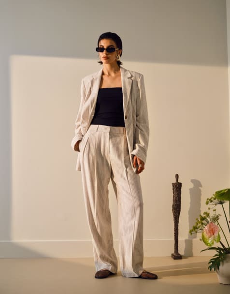 Topshop – Gestreifte Leinenhose in Cremeweiß mit weitem Bein, Kombiteil - view 1