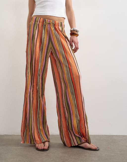 Topshop gestreifte Plissee-Hose mit Bindegürtel und weitem Bein in Orange, 3 von 5