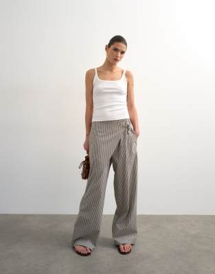 Gestreifte Popeline-Hose in Braun mit Wickelrock-Brown Brown 42