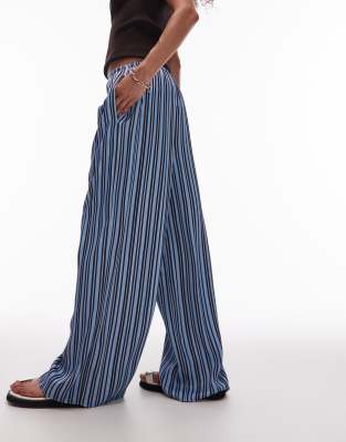 Topshop - Gestreifte Satinhose in Braun und Blau mit Kordelzugbund und weitem Bein, Kombiteil-Bunt
