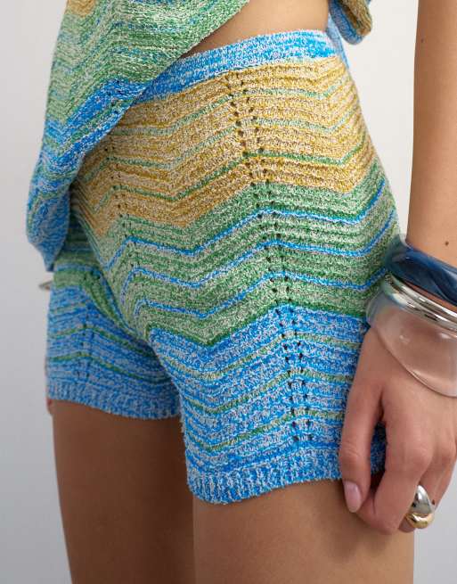 Topshop – Gestreifte Strick-Shorts in Blau-Bunt, Kombiteil, 5 von 5
