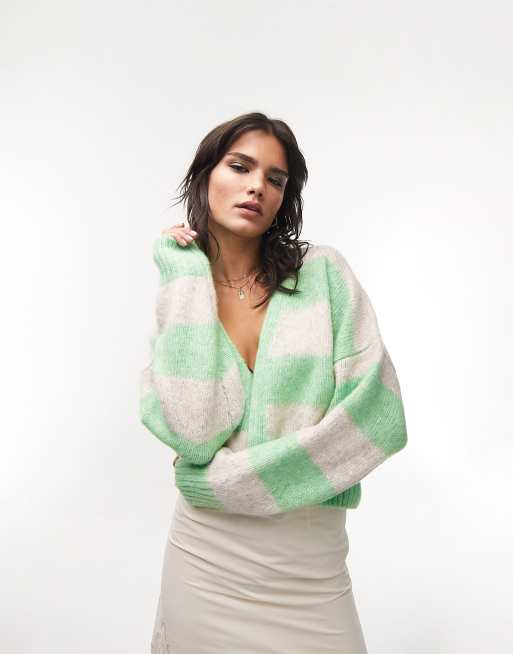 Topshop – Gestreifte Strickjacke in Grün mit kurzem Schnitt