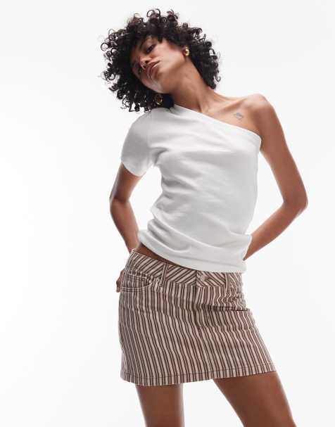 Topshop – Gestreifter, kurzer Volant-Jeansrock in Burgunderrot und Buttermilchgelb - view 1