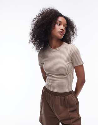 Topshop - Gestreiftes Alltags-T-Shirt in Steinbeige-Neutral