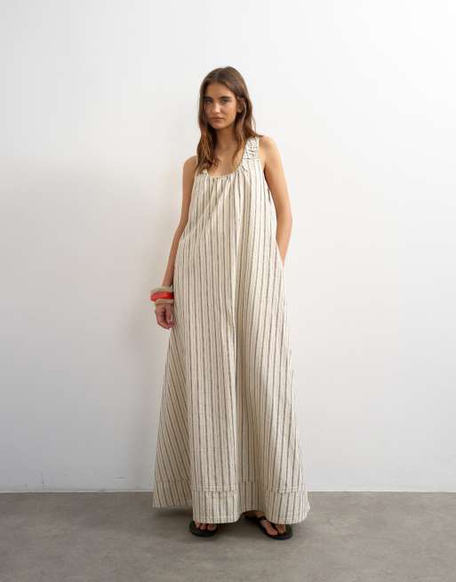 Topshop – Gestreiftes Maxi-Jeanskleid mit geraffter Schulterpartie, 4 von 4
