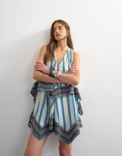 Topshop – Gestreiftes Mini-Hängerkleid aus Baumwolle in kontrastierendem Limettengrün und Blau mit V-Ausschnitt - view 1