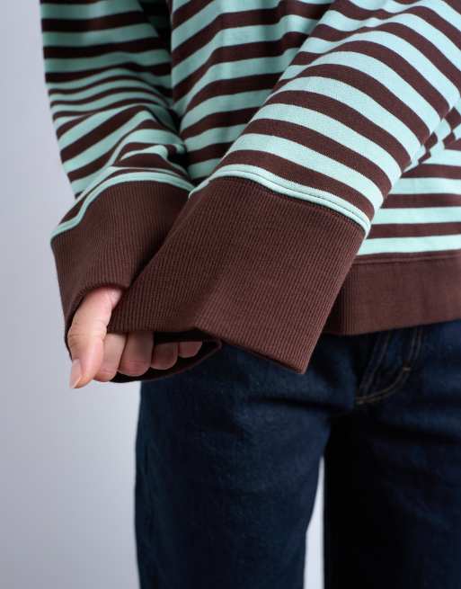 Topshop – Gestreiftes Oversize-Sweatshirt in Minzgrün und Schokobraun mit breiten Bündchen, 3 von 4