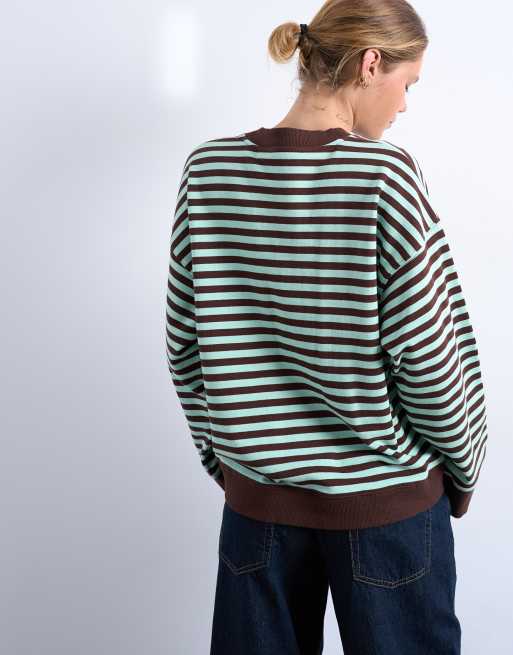 Topshop – Gestreiftes Oversize-Sweatshirt in Minzgrün und Schokobraun mit breiten Bündchen, 4 von 4