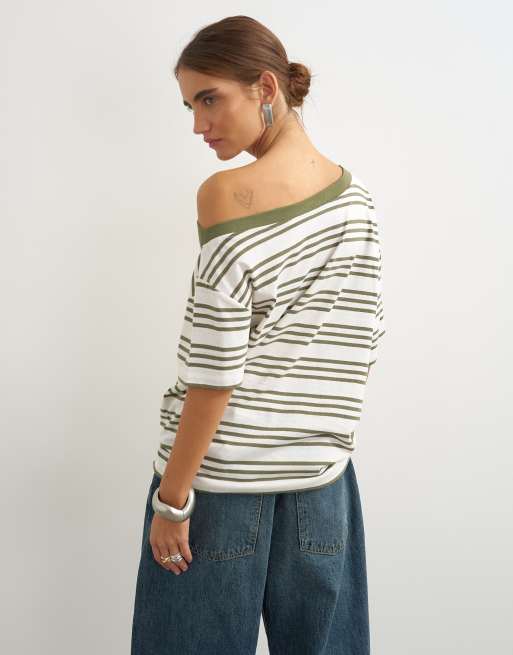 Topshop gestreiftes T-Shirt mit überschnittenen Schultern in Weiß und Grün, 4 von 4