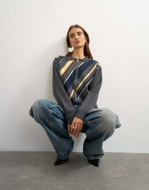 Topshop gestrickte asymmetrische Jacke mit Streifen in Grau-Multicolor - view 1