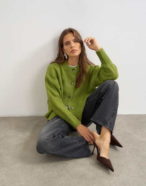 Topshop gestrickte kastige Strickjacke mit tiefem Rippenmuster in Grün - view 1
