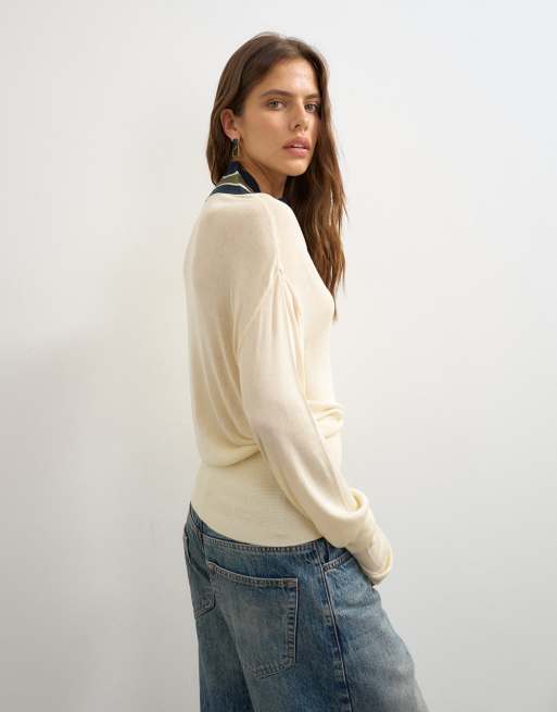 Topshop gestrickter gestreifter Pullover mit hohem V-Ausschnitt in Ecru und Blau, 4 von 4