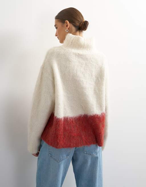 Topshop gestrickter Oversize-Pullover mit hohem Kragen und abstraktem Print in Cremeweiß und Rot, 4 von 4