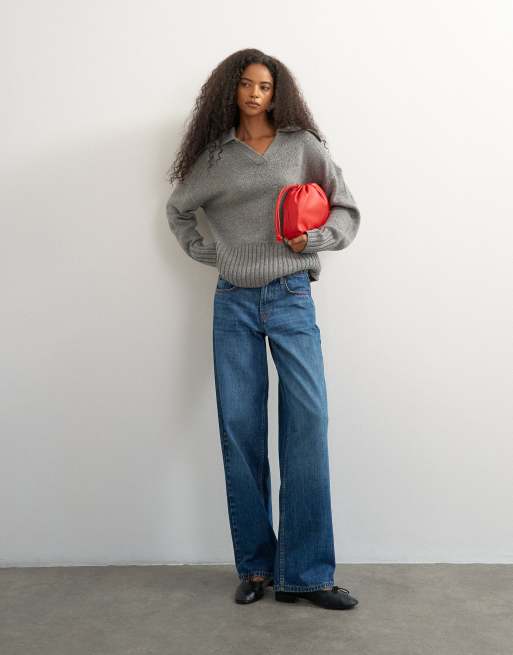 Topshop gestrickter Polo-Pullover mit Kragen und abgerundetem Saum aus Wolle in Anthrazit, 3 von 4