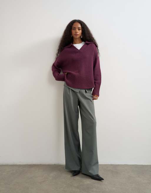 Topshop gestrickter Polo-Pullover mit Kragen und abgerundetem Saum mit Wolle in Mulberry, 3 von 4
