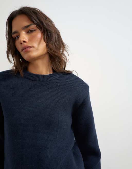 Topshop gestrickter Pullover mit Schulterpolstern in Marineblau, 2 von 4