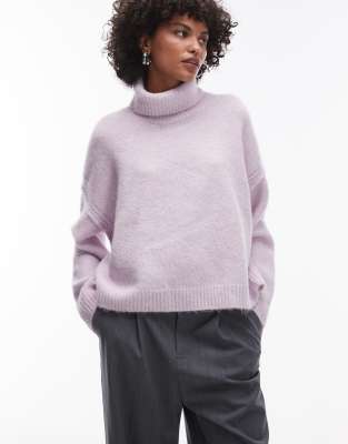 Topshop - Gestrickter Rollkragenpullover in Flieder mit Ziernaht und lockerem Schnitt-Lila