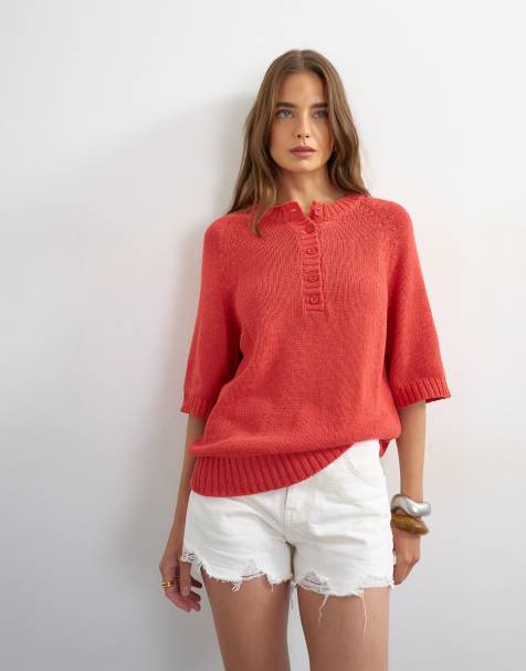 Topshop gestricktes Henley-T-Shirt in Rot - view 1
