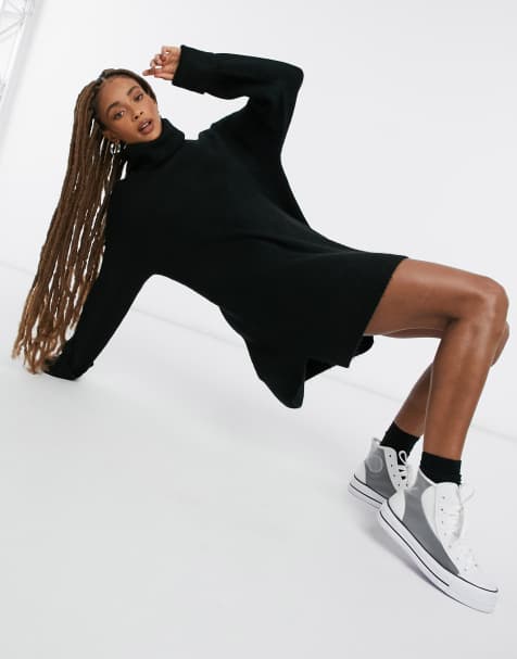 Topshop – Gestricktes, hochgeschlossenes Minikleid in Schwarz - view 1