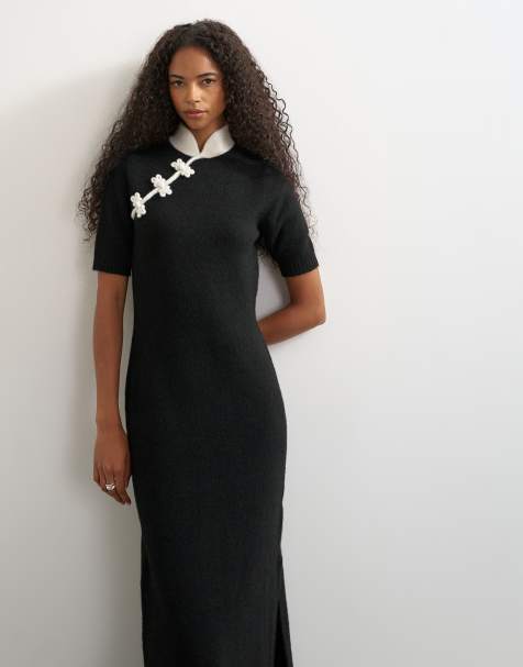 Topshop gestricktes Maxikleid mit Stehkragen und Wolle in Schwarz-Mono - view 1