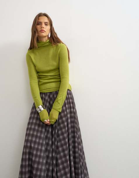 Topshop gestricktes Oberteil aus Wollmix mit doppelter Lage und transparentem Rollkragen in Grün - view 1