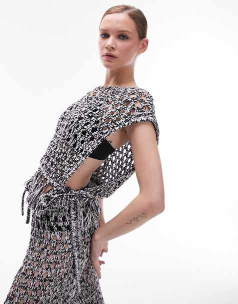 Topshop – Gestricktes Strandoberteil in Schwarz-Weiß mit seitlicher Schnürung - view 1