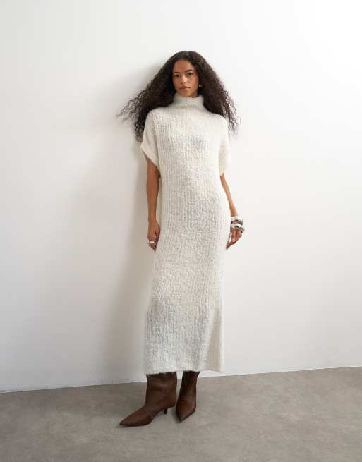 Topshop gestricktes, transparentes Maxikleid mit Stehkragen aus Wolle in Elfenbein, 3 von 4