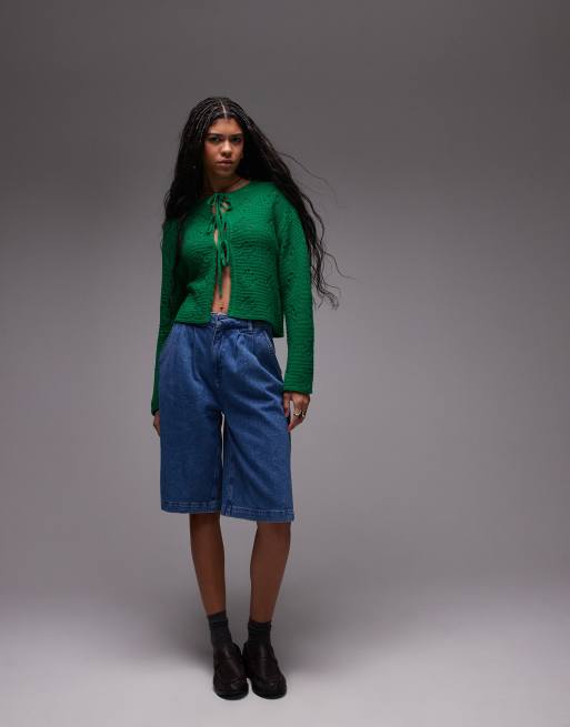 Topshop - Gestrikt kabelgebreid pointelle vest in groen, 2 van 4